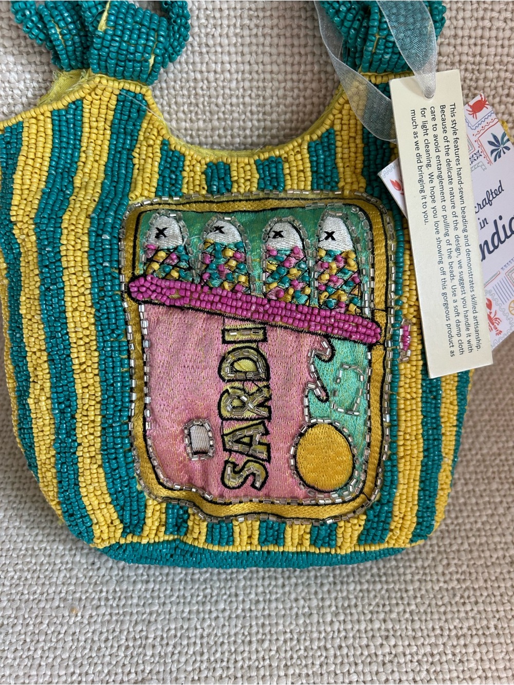 NWT Handmade Beaded Sardines Hand Bag Novelty Fish Purse Turquoise Yellow - Picture 2 of 6